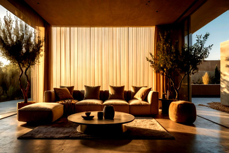 Interior of a modern living room at sunset. 3D rendering