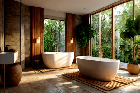 Interior of a modern bathroom with a white bathtub. Nobody inside