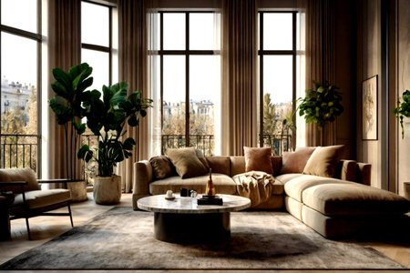 Interior of a modern living room with a large window overlooking the city