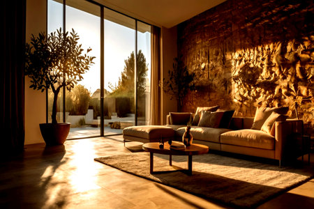 Interior of a modern living room with a large panoramic windowの写真素材