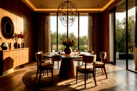 Interior of a modern dining room with a round table and chairsの写真素材
