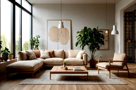 Modern living room interior in scandinavian style. 3d render