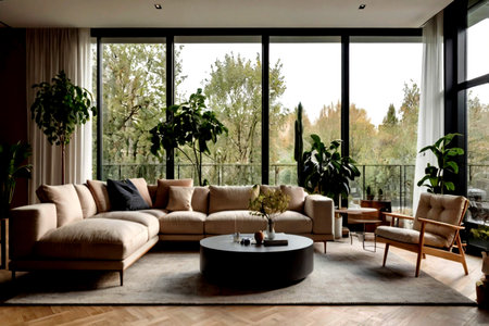 interior of modern bright living room with brown sofa and coffee table