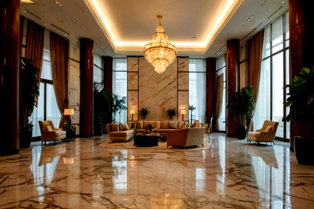 Luxury hotel lobby interior with glass wall and marble floor.