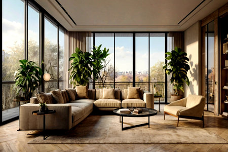 Interior of a living room with a panoramic window overlooking the city