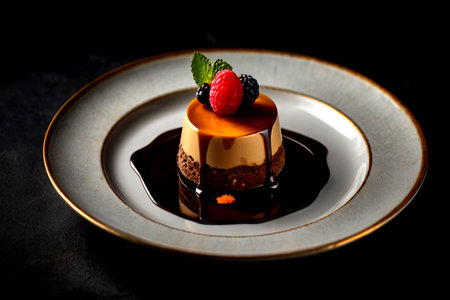Panna cotta with chocolate and fresh berries on a black background