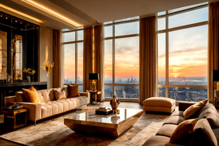 Luxury living room interior with large windows and panoramic city view