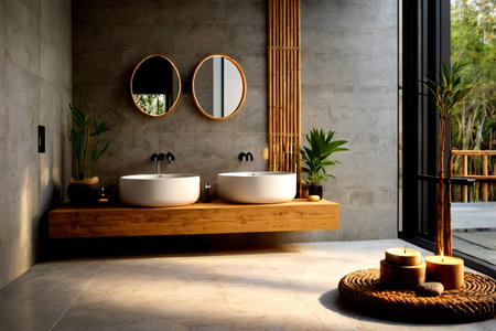 Interior of modern bathroom with bathtub and mirror on the wall