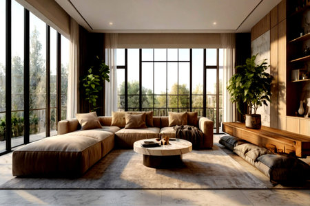 Interior of modern living room with brown sofa and wooden coffee table