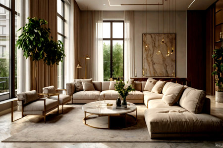 Luxury living room with beige sofas. 3d render