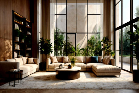 Interior of a modern living room with a sofa and a large windowの写真素材