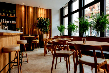 Interior of a modern cafe with wooden tables, chairs and plants