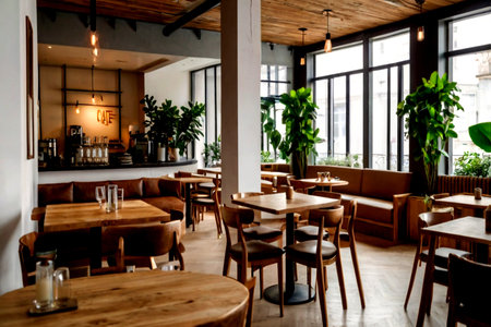 Interior of a modern cafe with wooden tables and chairs. Nobody inside