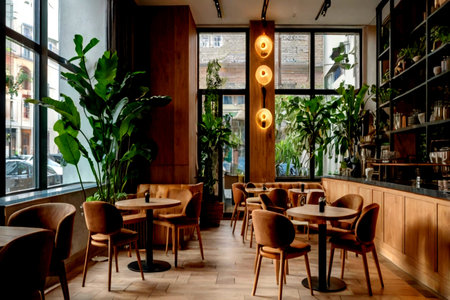 Interior of a restaurant with wooden tables, chairs and plants.の写真素材