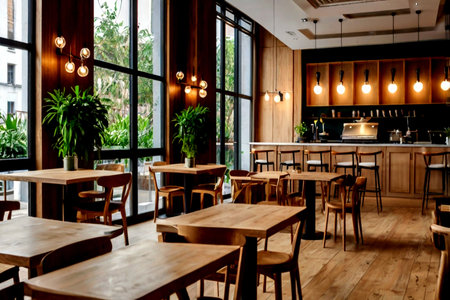 Interior of a modern cafe with wooden tables, chairs and lamps