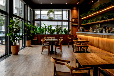 Interior of a modern restaurant with wooden tables, chairs and plants