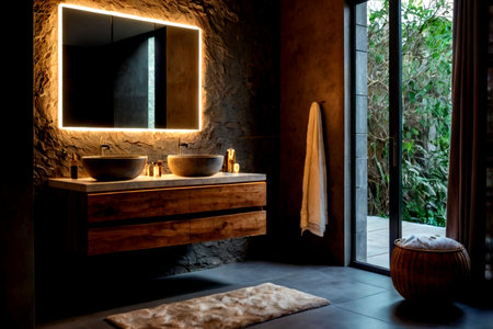Interior of modern bathroom with bathtub, mirror and towel.の写真素材
