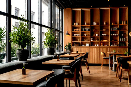 Interior of a modern restaurant with wooden walls and wooden floor.の写真素材