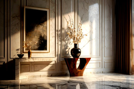 Interior of modern living room with white marble floor, vase with dried flowers and mirror