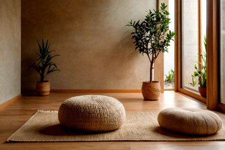 Wooden table with bamboo mat and plant in the living room.の写真素材