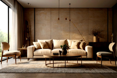 modern living room interior design with beige sofa 3d Illustrationの写真素材