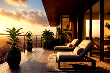 Luxury hotel terrace with swimming pool and view of sunsetの写真素材