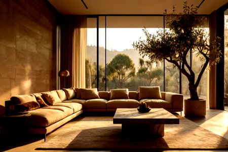 Modern living room interior with brown leather sofa and wooden coffee table.