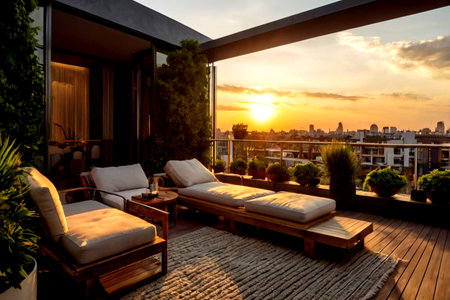Luxury villa with terrace overlooking the city at sunset