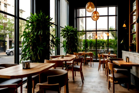 Interior of a restaurant with wooden tables and chairs, nobody inside