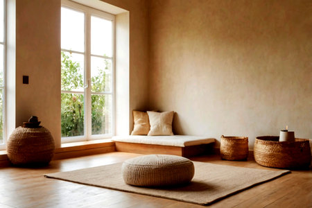 Interior of a living room with a beige wall and a sofa
