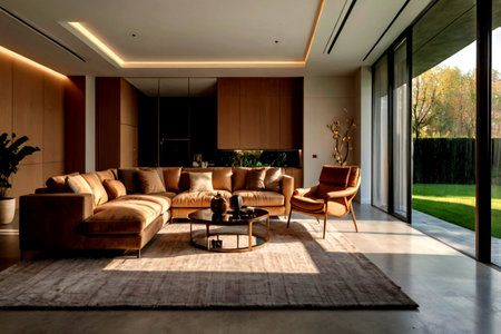 Interior of modern house, living room with sofa and coffee table