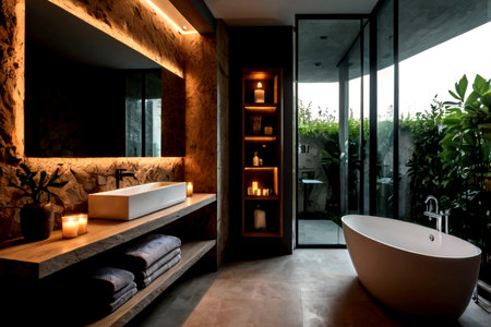 Interior of modern bathroom with black walls and concrete floor, comfortable bathtub and shelves with towels.の写真素材