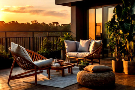 Outdoor patio with chair and table on the terrace at sunset
