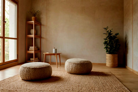 interior of modern living room with two round beige poufsの写真素材