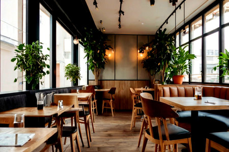 Interior of a modern cafe with wooden tables, chairs and plants