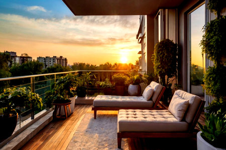 Beautiful view of terrace with sofa and chair at sunset.の写真素材