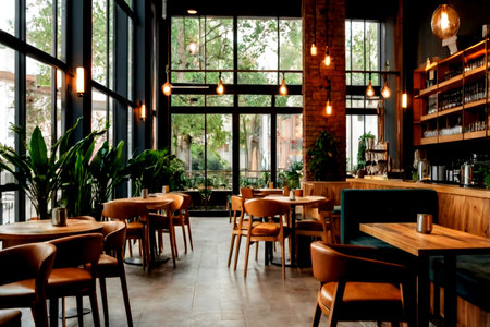 interior of a modern cafe with wooden tables and chairs, interior design