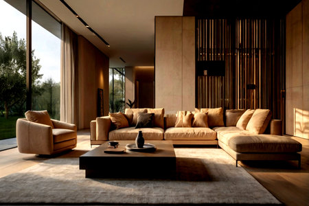 Interior of modern living room with beige sofa and coffee table