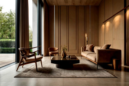 Luxury living room interior design with brown sofa and armchairs