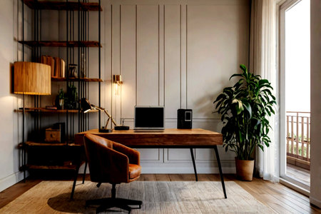 Luxury home office with a computer and a plant on the floor