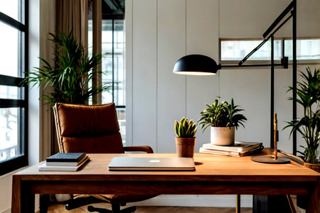 Interior of modern office with wooden desk, chair, laptop and plants