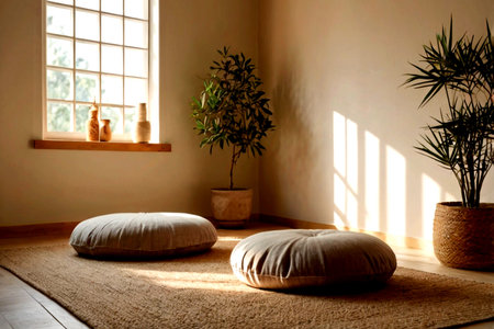 Interior of a living room with poufs and plants.の写真素材