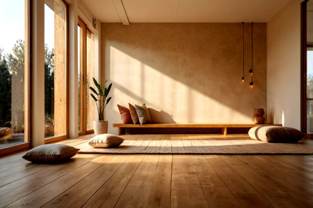 Interior of modern living room with wooden floor and beige wallの写真素材