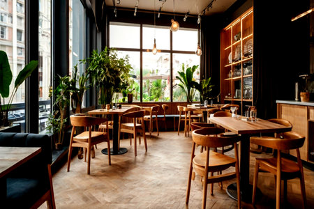 Interior of a cafe with wooden tables, chairs and plants.