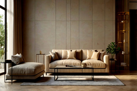 modern living room with beige sofa and coffee table, 3d renderの写真素材