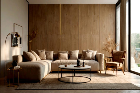 Interior of modern living room with brown sofa and coffee table. 3d render