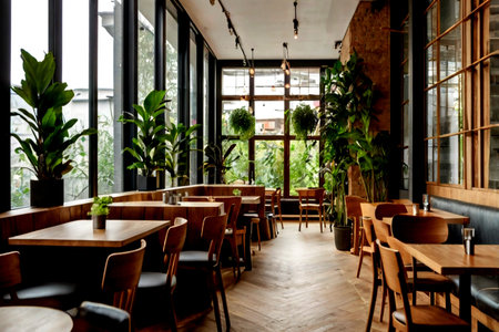 Interior of a modern restaurant with wooden tables, chairs and plants
