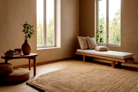 Interior of a living room with sofa and pillows. Nobody insideの写真素材