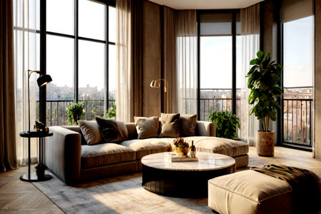 Modern living room interior with sofa, coffee table, panoramic window and city view