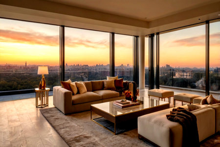 Luxury living room interior with panoramic view of the city